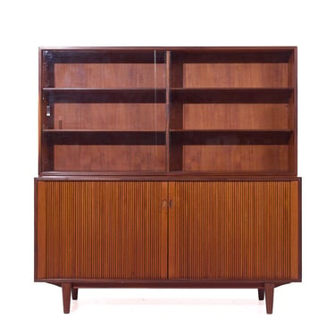 Dux Mid Century Walnut Tambour Door Credenza and Hutch - mcm 