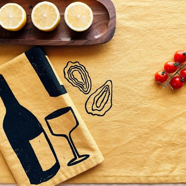 linen dinner napkins. wine on mustard. hand block printed. placemats / tea towel. hostess gifting. birthday or dinner party decor. 