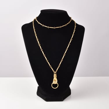 10K Gold Filled Hand-Knocker Pendant Necklace, Pocket Watch Chain & Fob, Estate Jewelry, 30" L 