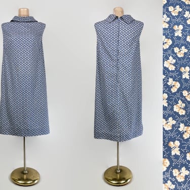 VINTAGE 60s 70s Calico Floral Tent Dress | 1960s Plus Size Volup | 1970s Blue and Gold Trapeze Dress 