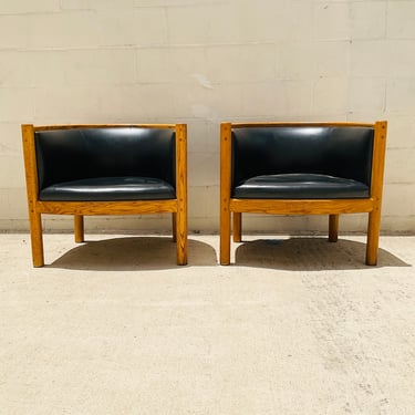 Oak And Black Vinyl Barrel Chairs