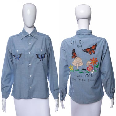 1970's Permanent Press Blue Hand Painted Butterly Detail Chambray Shirt Size M