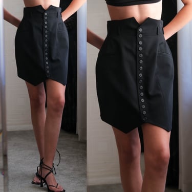Vintage 80s Norma Kamali OMO Black Multi Button Bucket High Waisted Tuxedo Mini Skirt | Made in USA | 1980s OMO Designer Triangle Hem Skirt 