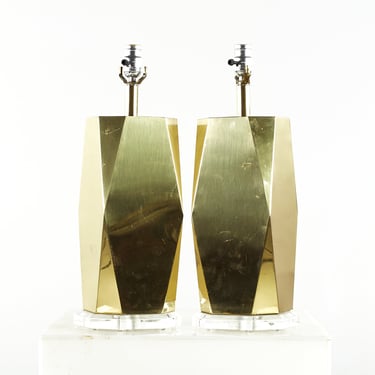 Charles Hollis Jones Style Mid Century Brass and Lucite Table Lamps - Pair - mcm 