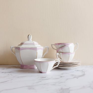 art deco digoin sarreguemines  teacup set with sugar bowl, set of four