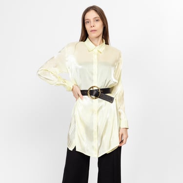 Small Y2K Sheer Chartreuse Longline Panel Blouse | Vintage Cuffed Long Sleeve Collared Button Up Top 