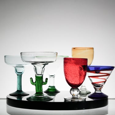 Vintage Margarita Glasses Hand Blown Glass Retro Kitchen Mismatched Set of 6 Wedding Glasses Dinner Glassware Vintage Glassware 