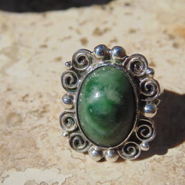 Abraham Tobias ~ Mexican Sterling Silver and Green Cab Ring Size 4  ~ c.1930's 