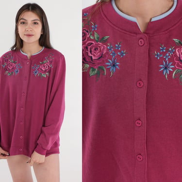 Floral Cardigan Sweatshirt 90s Button up Sweater Berry Embroidered Rose Flower Print Shirt Grandma Hippie Pink Purple 1990s Vintage Medium M 