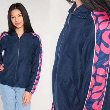 Navy Blue Windbreaker Y2k Zip Up Jacket Pink Abstract Print Track Jacket Retro Shell Warmup Streetwear Coat Vintage 00s Extra Small xs 