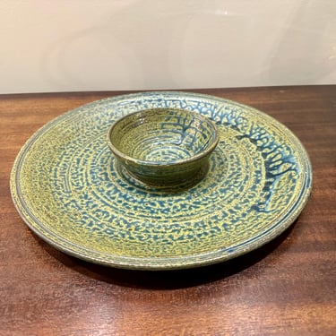 Studio Pottery Avocado Green Chip and Dip Platter Vintage - Free Shipping 