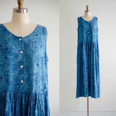 blue maxi dress 90s vintage batik gingko leaves sleeveless oversized dress 