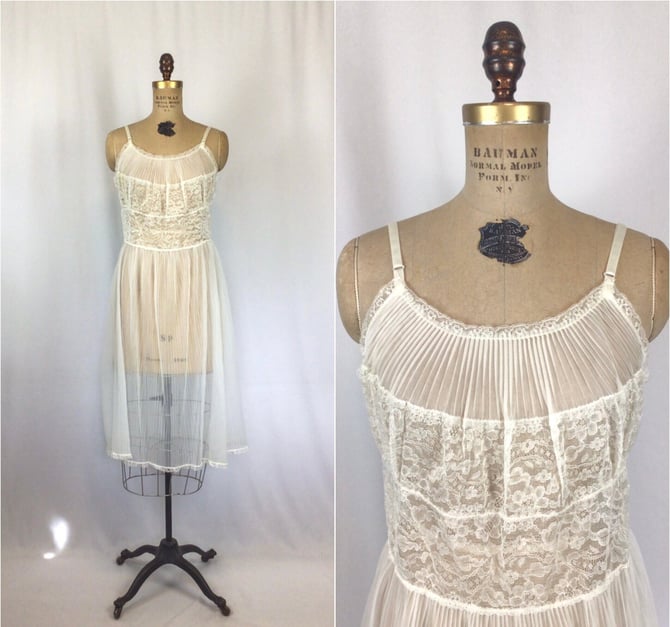 Vintage 50s slip | Vintage sheer white pleated lace dress slip | 1950s Embassy full slip negligee 