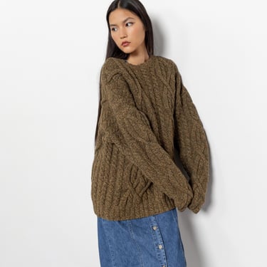 GREEN CABLE KNIT Oversize Boxy Slouchy Oversize Vintage Shetland Wool / Large Xl 