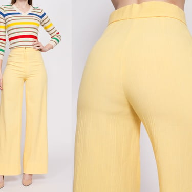 70s Yellow Flared Pants - Small, 26" | Vintage High Waisted Retro Wide Leg Cotton Blend Trousers 