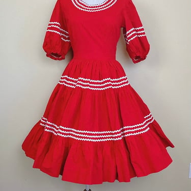 1960s Vintage Red Puffed Sleeve Square Dance Dress / 60s / Sixties Ric Rac Trim Western Circle Skirt Tiered Cotton Dress / Small 