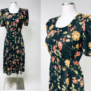 1990s Sheer Black Floral Rose Print Romantic Dress by Maggy London Petites Small | Grunge, Gothic Spring, Shoulder Pads, Elegant, Tea Party 