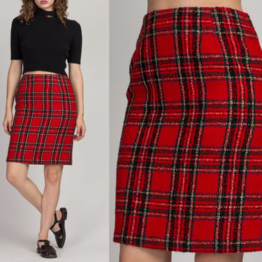 90s Preppy Red Plaid Boucle Mini Skirt Small, 27" | Vintage High Waist Knit Pencil Miniskirt 