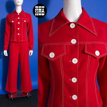 Groovy Vintage 90s does the 70s Red 2-Piece Pants Suit with Top-Stitching and Big Dagger Collar 