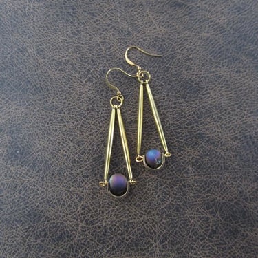 Gold pendulum earrings, rainbow agate 