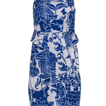 Carlisle - White & Blue Floral Print Sleeveless Sheath Dress w/ Peplum Sz 2