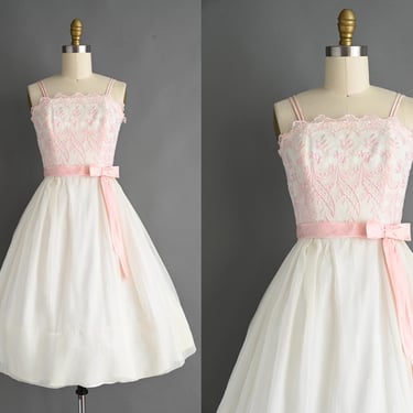 vintage 1950s Dress | Pink & White Cupcake Party Prom Dress | XS 