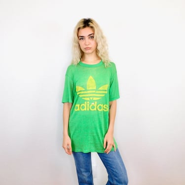 Old School Adidas Shirt // vintage 70s 80s paper thin distressed dress green tee t-shirt t cotton long // S/M 