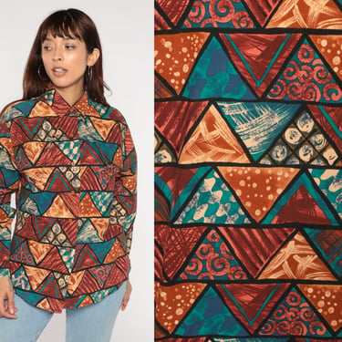 Triangle Print Blouse 90s Western Button Up Shirt Retro Geometric Long Sleeve Collared Top Red Blue Orange Cotton 1990s Vintage Roper Large 
