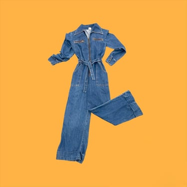 Vintage Denim Jumpsuit Retro 1970s Size 11/12 + Medium Wash + Pointed Collar + Long Sleeves + Zippered + Bellbottoms + Womens Apparel 