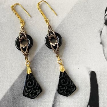 Art deco earrings 1920s Elegant Vintage Geometric Black glass drop earrings  flapper by BakeliteBa