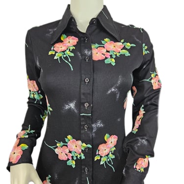 Huk a Poo 1970's Black Floral Print Button Down Poly Shirt I Sz Sm I Blouse 