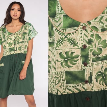 Tropical Hawaiian Dress 80s Green Floral Mini Peter Pan Collar Boho Button Up Vintage 1980s High Waisted Shirtdress Short Sleeve xl 2xl xxl 