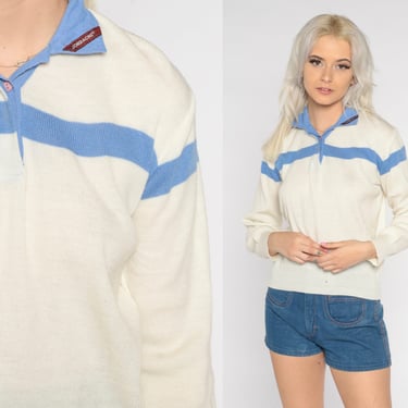 Collared Sweater 80s Jordache Knit Polo Sweater White Blue Striped Pullover Retro Preppy Sporty Streetwear Basic Vintage 1980s Small S 