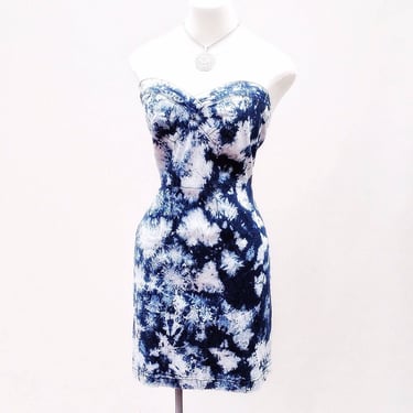 80s tie dye denim stretch strapless short dress 