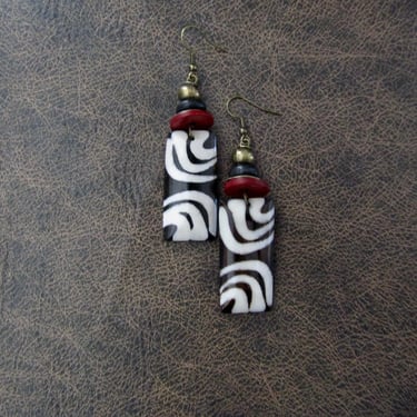 African earrings, bronze and bone horn earrings, wooden earrings, batik print Afrocentric earrings, ethnic bohemian earrings, exotic 2222 