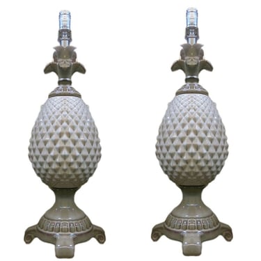 Mid Century Regency Ceramic Pineapple Lamp, Pair 
