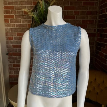 1960s Pastel Blue Sequined Knit Top