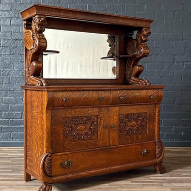 Antique American Quarter-Sawn Oak Sideboard w/ Winged Griffin Carvings, c.1920’s 