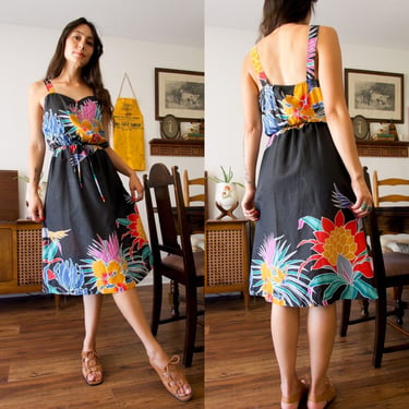 Vintage 1970s PBJ Colorful Tropical Floral Black Midi Length Dress 