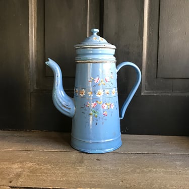 French Enamel Double Coffee Pot, Floral Roses, Daisies, Chippy French Blue Pastel Jug, French Farmhouse 
