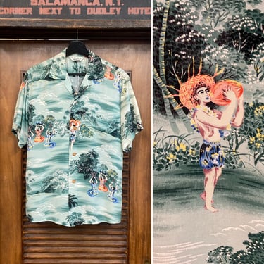 Vintage 1950’s Hula Girl Natives Tiki Crepe Loop Collar Hawaiian Shirt, 50’s Vintage Clothing 