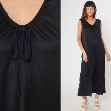 Long Black Dress 70s Bow Neck Dress Maxi Sleeveless V Neck Shift Mod Simple Plain Gothic Vintage 1970s Loose Fitting Large L 