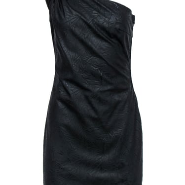 Badgley Mischka - Black One Shoulder Crinkled Leather Dress w/ Beading Sz S