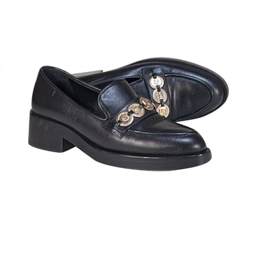 Chanel - Black Leather Gold Medallion Trim Loafers Sz 6