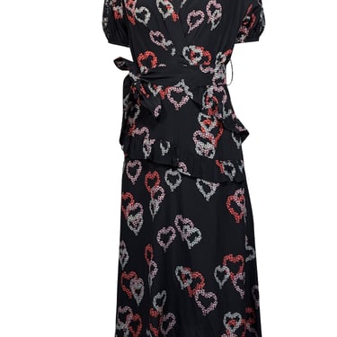 Sandro - Black, Pink, & Red Heart Print Silk Dress w/ Lace Accents Sz 4