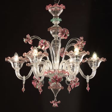 Venetian blown Murano glass chandelier with amethyst, pink and green decorations and flowers handcrafted Made in Italy 