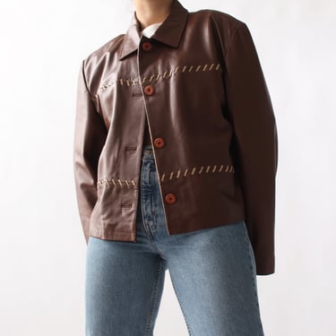 Vintage Contrast Stitch Leather Jacket