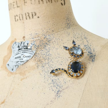 vintage 1950s rhinestone cat brooch • Kramer bobblehead blue & gold kitschy novelty pin 
