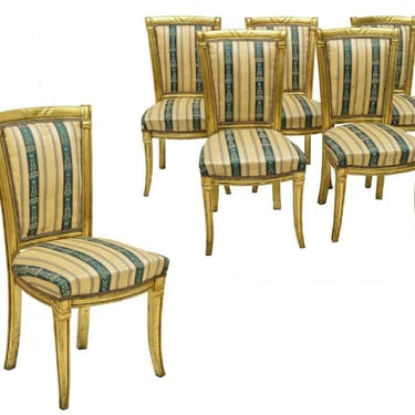 Chairs, Side, Italian Carved Giltwood, Set of 6, Upholstered, Green and Beige