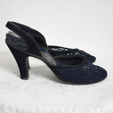 1940s Navy Lace Slingback Heels, Size 7 1/2N 